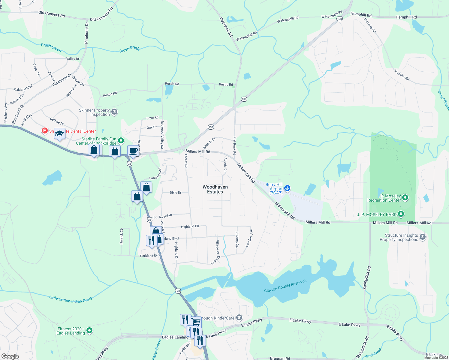 map of restaurants, bars, coffee shops, grocery stores, and more near 155 Cottonwood Court in Stockbridge