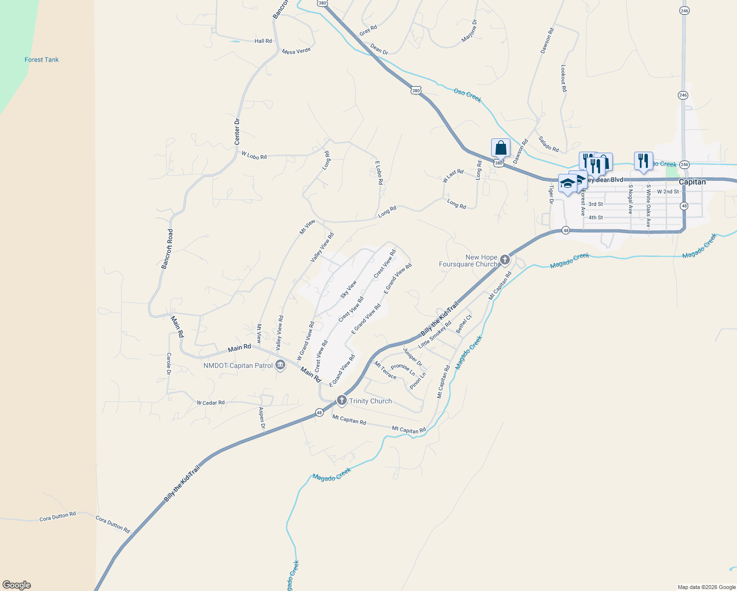 map of restaurants, bars, coffee shops, grocery stores, and more near 163-165 East Grand View Road in Capitan