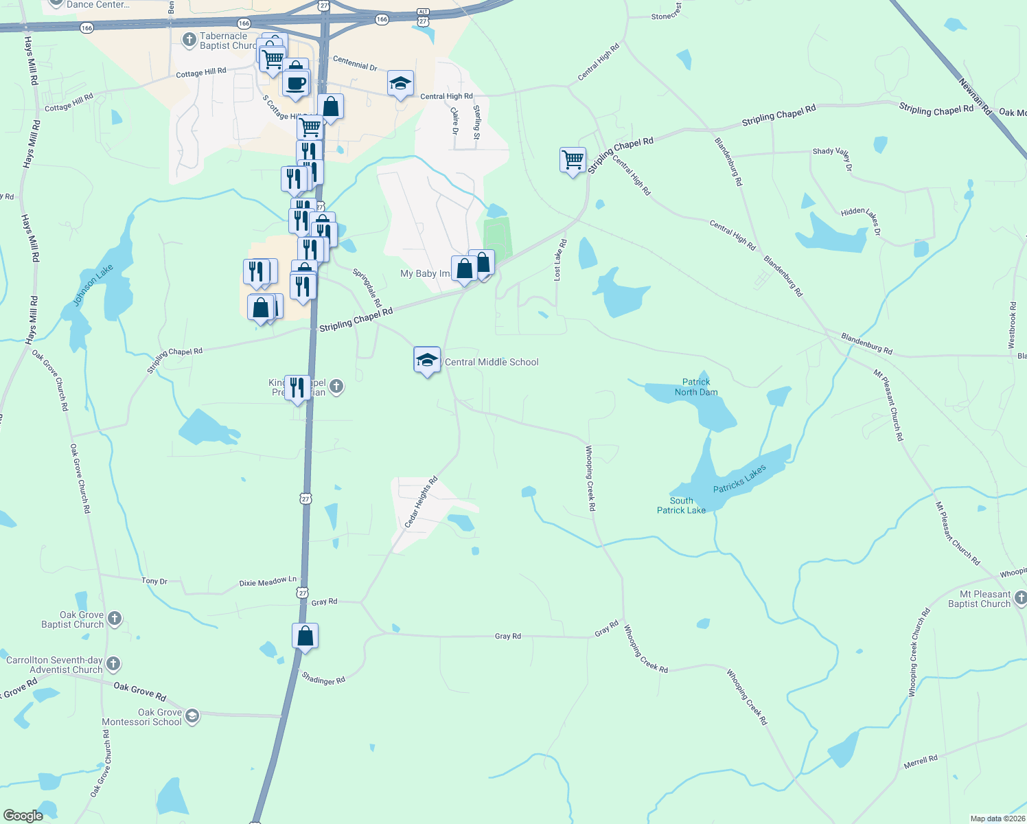 map of restaurants, bars, coffee shops, grocery stores, and more near 322 Whooping Creek Road in Carrollton