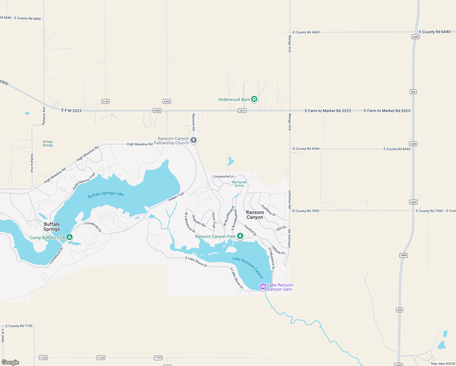 map of restaurants, bars, coffee shops, grocery stores, and more near 9 W Canyon View Dr in Ransom Canyon