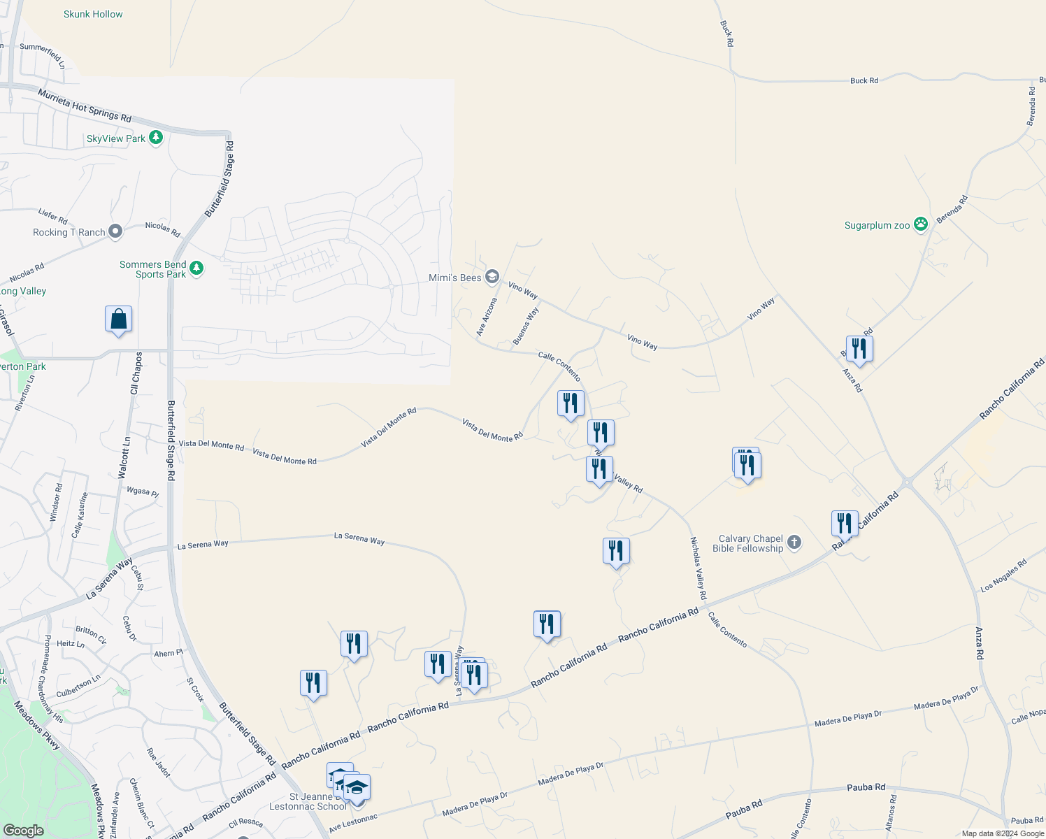 map of restaurants, bars, coffee shops, grocery stores, and more near 33140 Vista Del Monte Road in Temecula