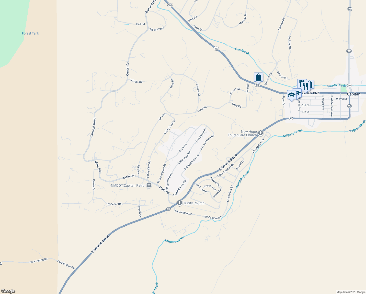 map of restaurants, bars, coffee shops, grocery stores, and more near Sky View in Capitan