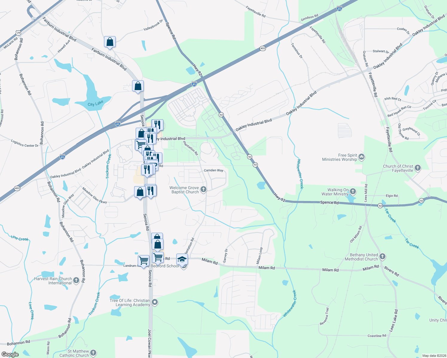 map of restaurants, bars, coffee shops, grocery stores, and more near 215 Fairgrove Ln in Fairburn