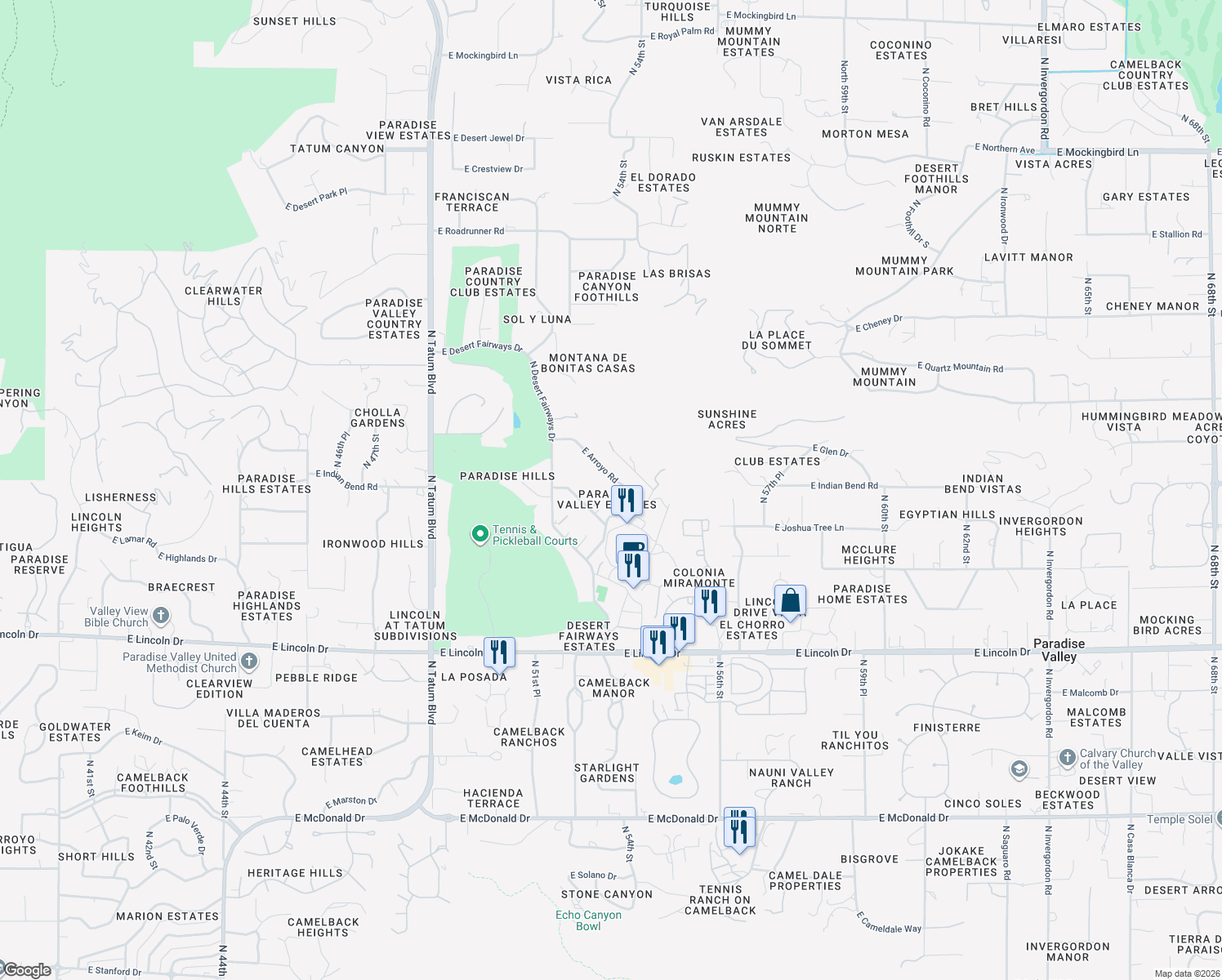map of restaurants, bars, coffee shops, grocery stores, and more near 5245 East Arroyo Road in Paradise Valley
