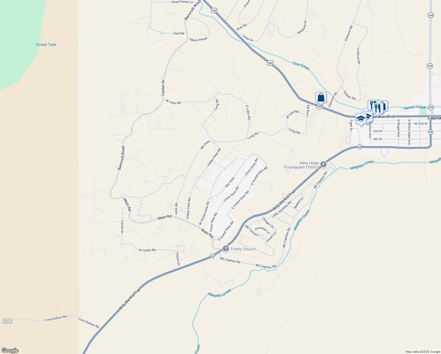 map of restaurants, bars, coffee shops, grocery stores, and more near 155-161 West Grand View Road in Capitan