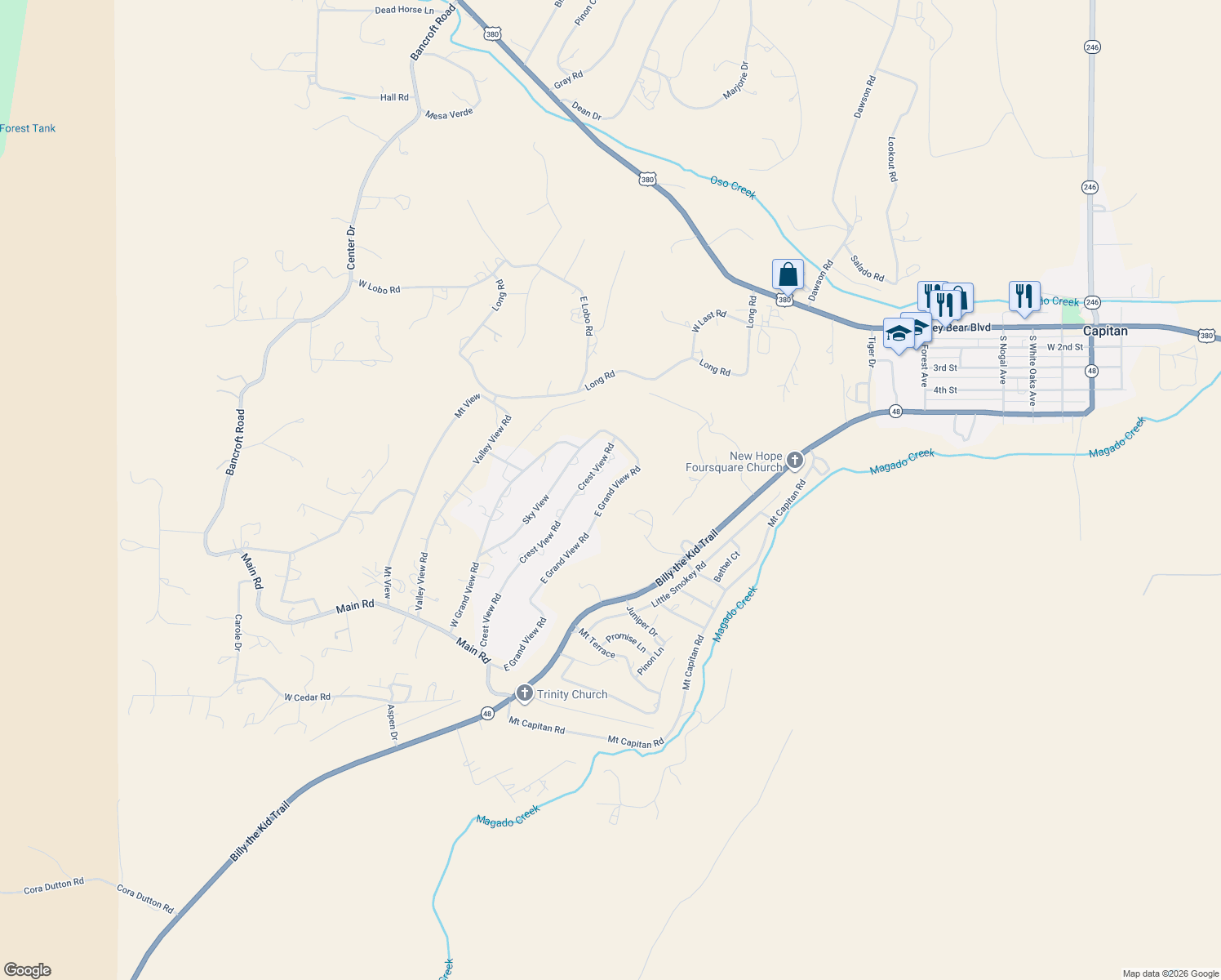 map of restaurants, bars, coffee shops, grocery stores, and more near 173-191 East Grand View Road in Capitan