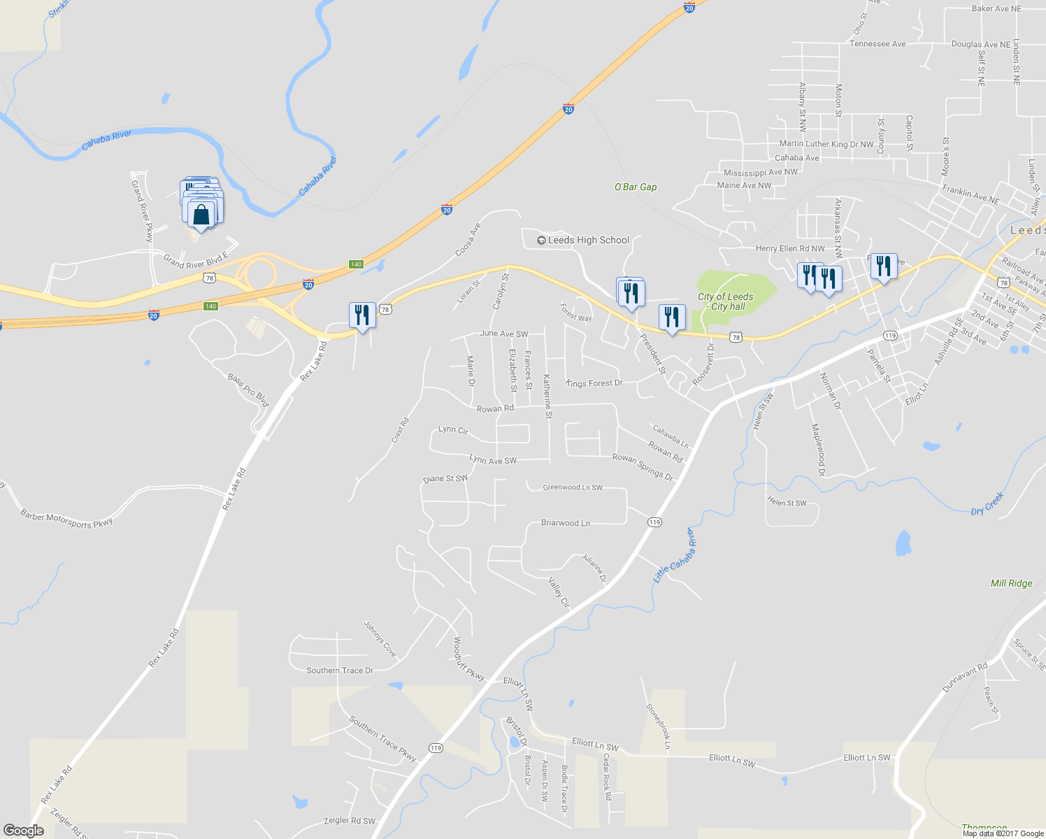 map of restaurants, bars, coffee shops, grocery stores, and more near 6627 Julia Circle in Leeds
