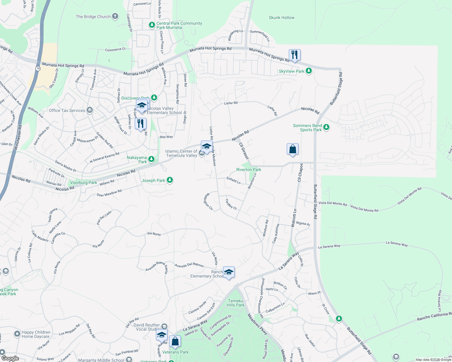 map of restaurants, bars, coffee shops, grocery stores, and more near 31272 Ashmill Court in Temecula