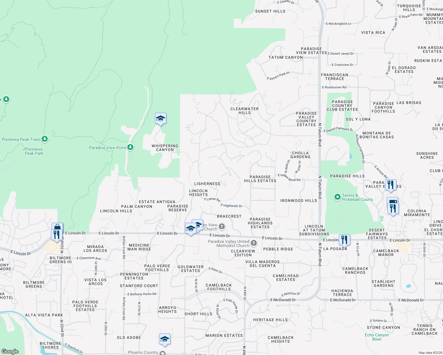 map of restaurants, bars, coffee shops, grocery stores, and more near 4301 East Upper Ridge Way in Paradise Valley