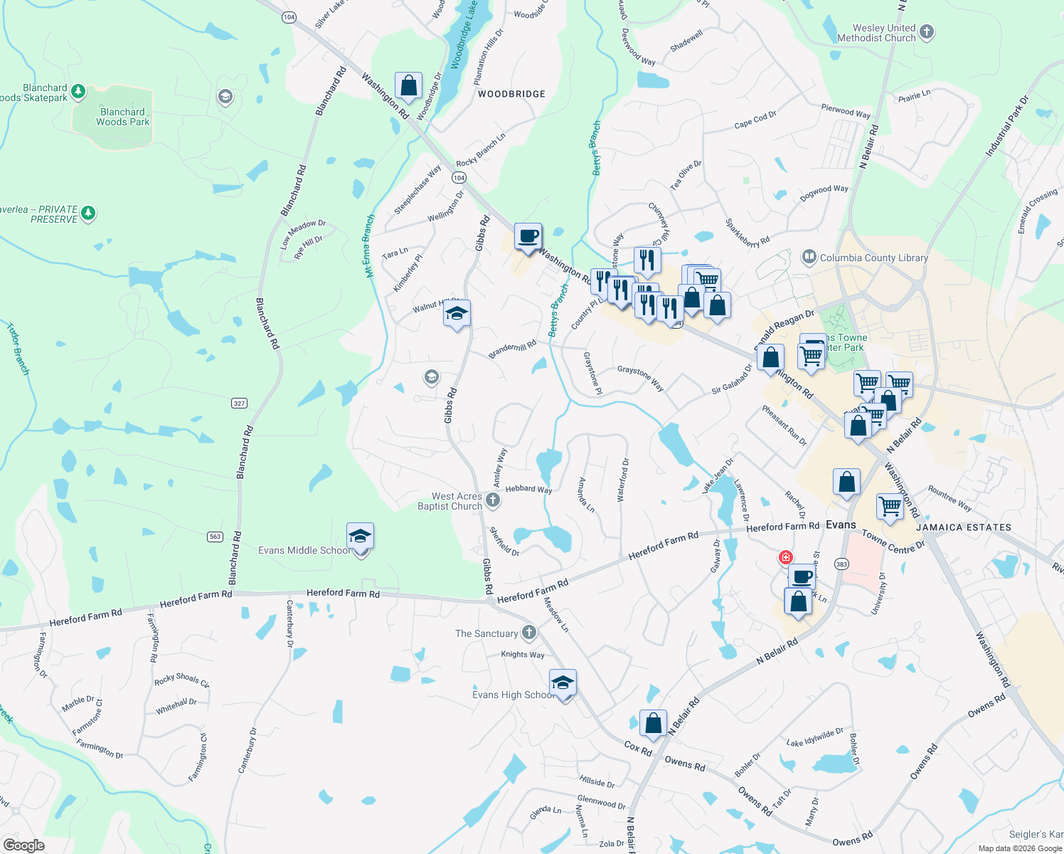 map of restaurants, bars, coffee shops, grocery stores, and more near 4576 Mulberry Creek Drive in Evans