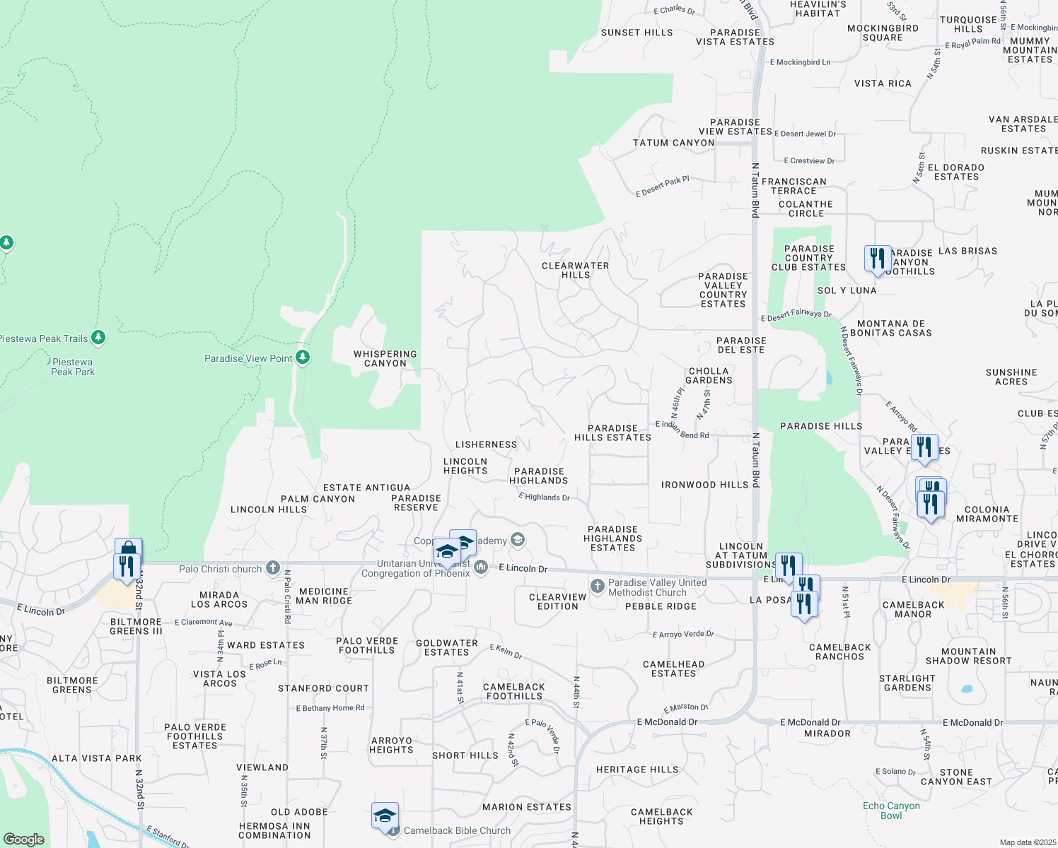map of restaurants, bars, coffee shops, grocery stores, and more near 4301 East Upper Ridge Way in Paradise Valley