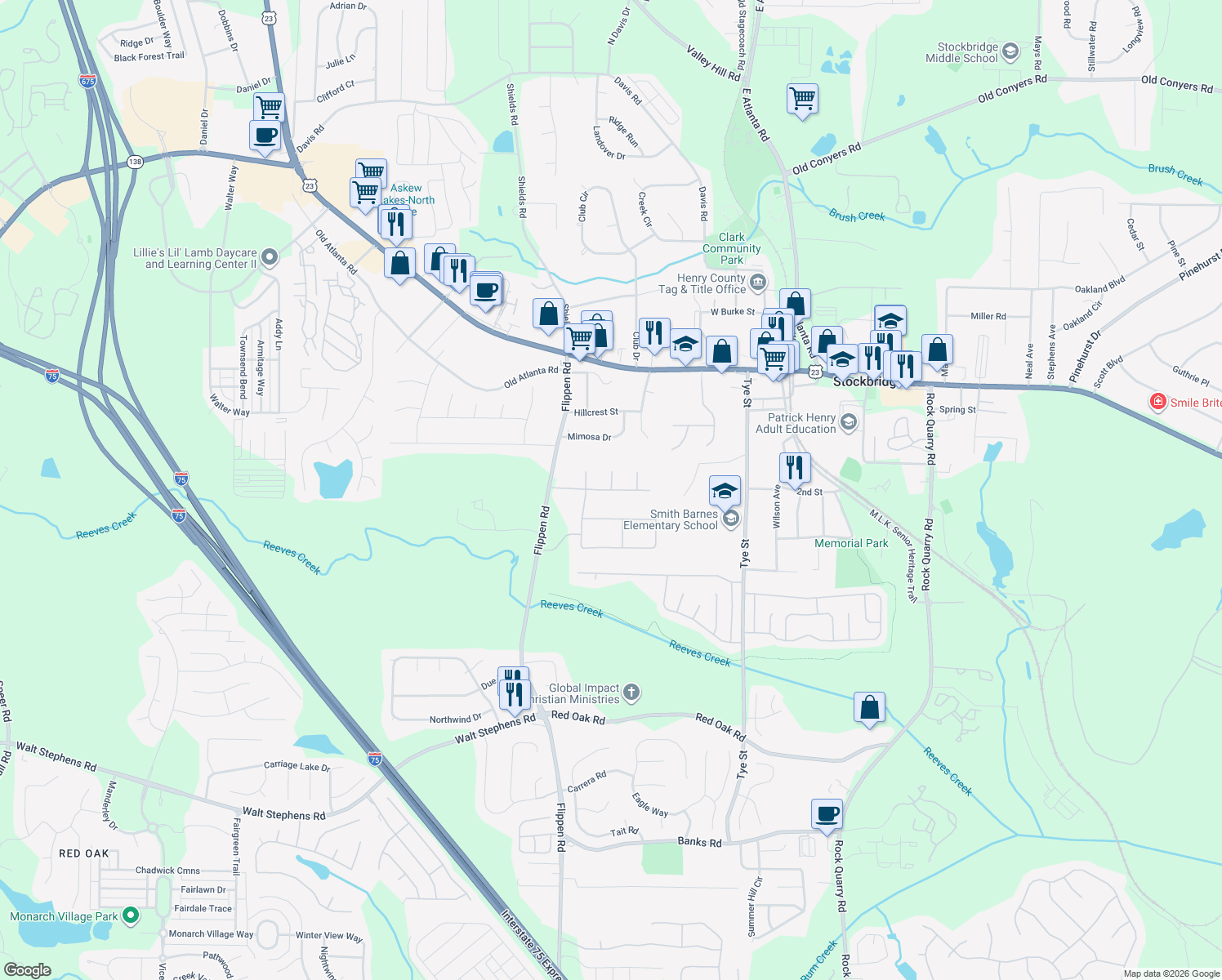 map of restaurants, bars, coffee shops, grocery stores, and more near 150 Appleton Boulevard in Stockbridge