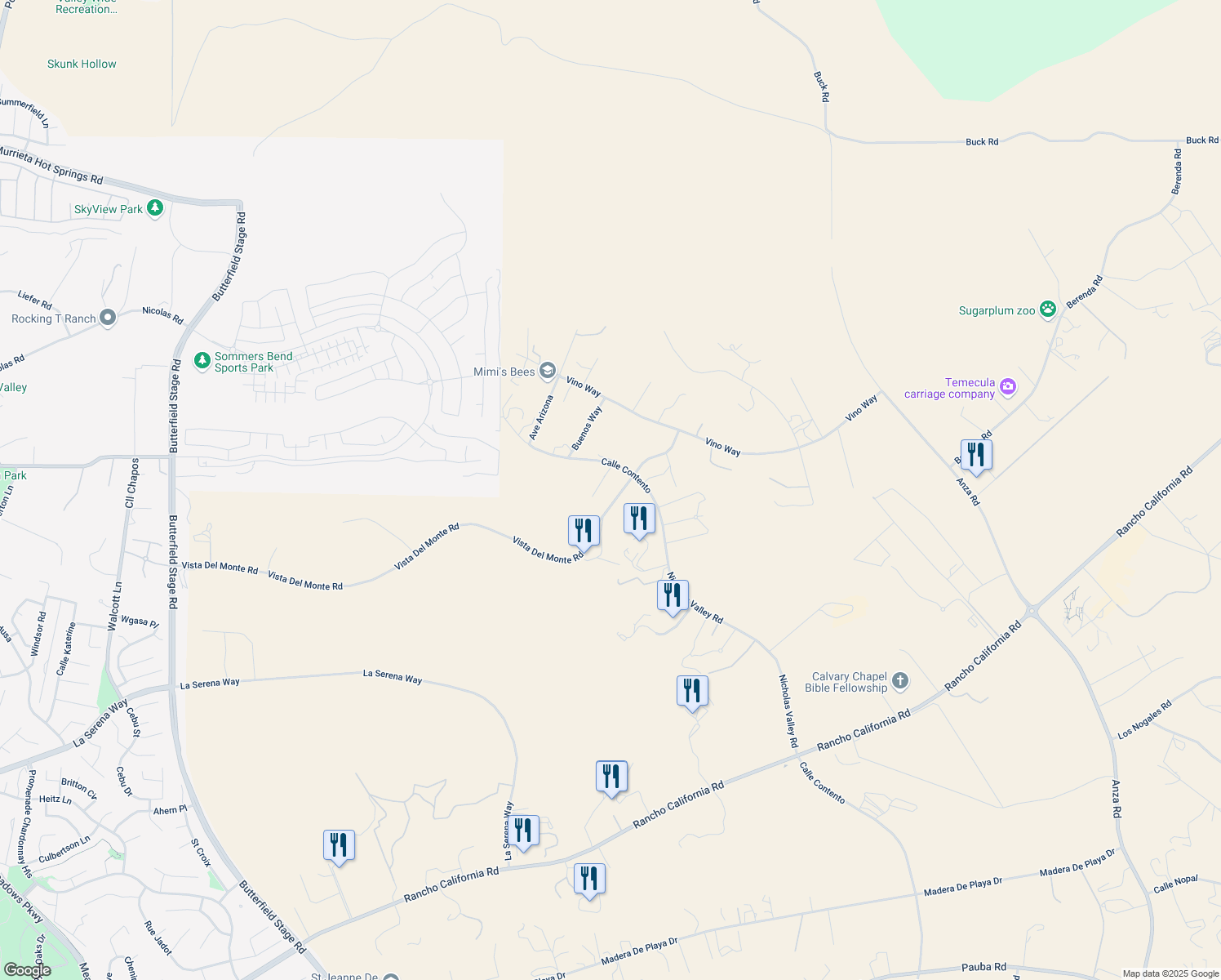 map of restaurants, bars, coffee shops, grocery stores, and more near 39485 Calle Contento in Temecula