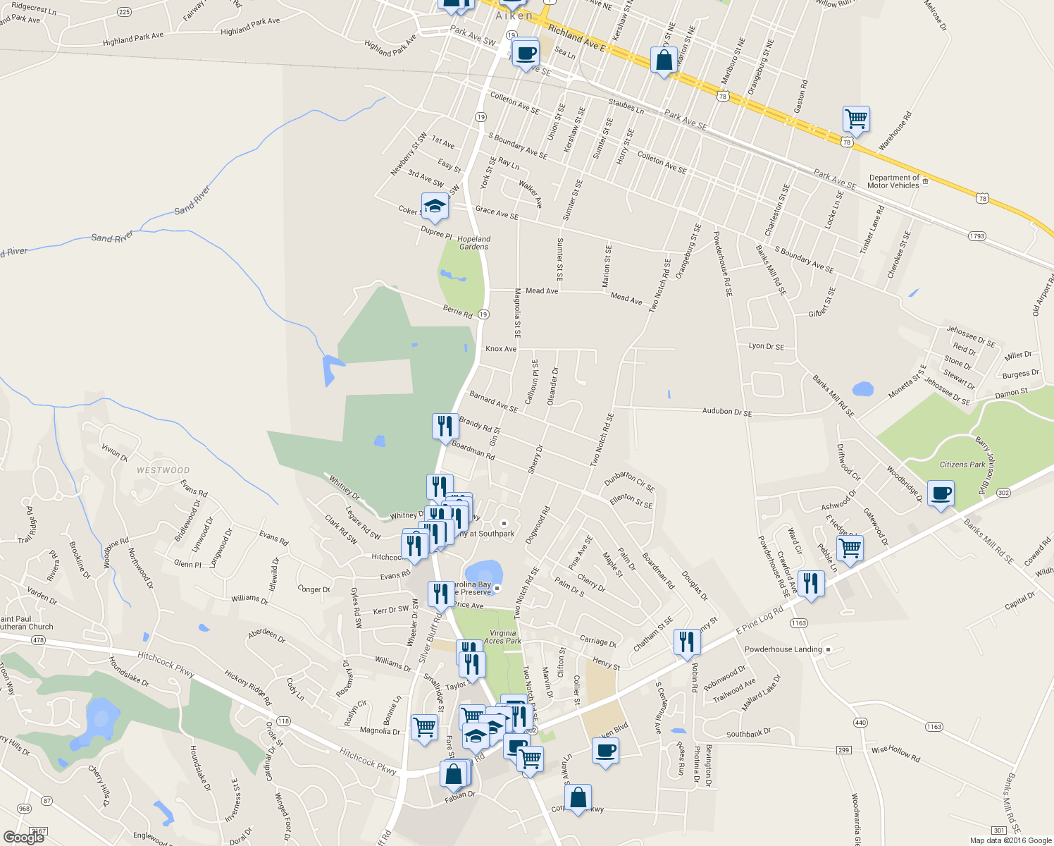 map of restaurants, bars, coffee shops, grocery stores, and more near 245 Barnard Ave SE in Aiken