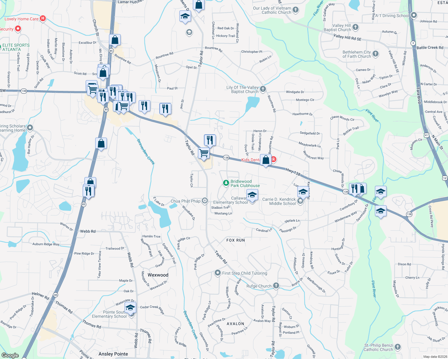 map of restaurants, bars, coffee shops, grocery stores, and more near 312 Horseshoe Bend in Riverdale