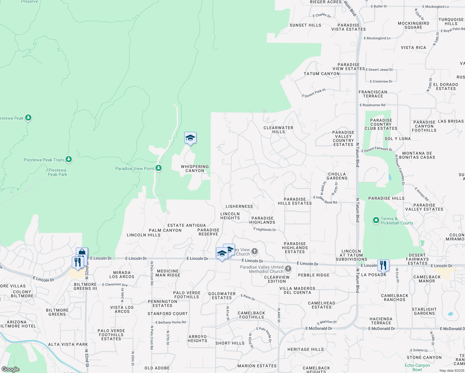 map of restaurants, bars, coffee shops, grocery stores, and more near 7043 North Longlook Road in Paradise Valley