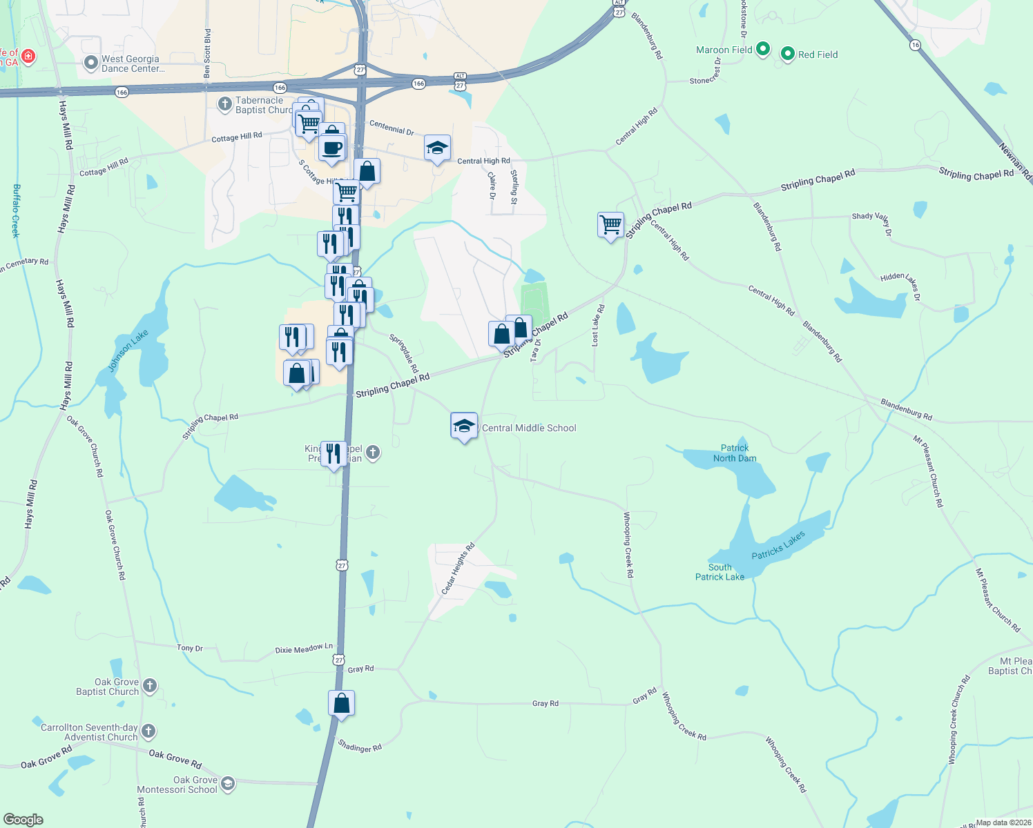 map of restaurants, bars, coffee shops, grocery stores, and more near 114 Whooping Creek Road in Carrollton
