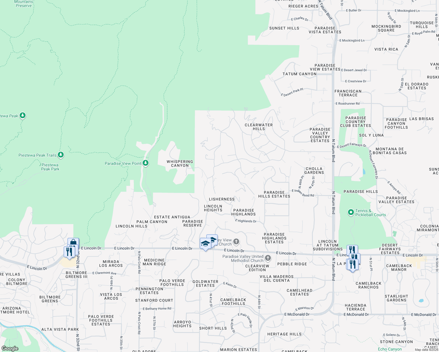 map of restaurants, bars, coffee shops, grocery stores, and more near 7043 North Longlook Road in Paradise Valley