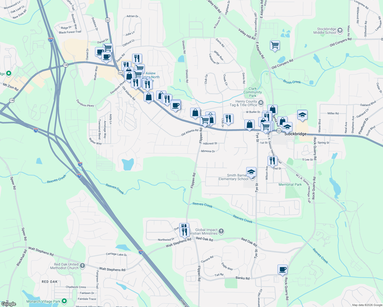 map of restaurants, bars, coffee shops, grocery stores, and more near 202 Northbridge Drive in Stockbridge