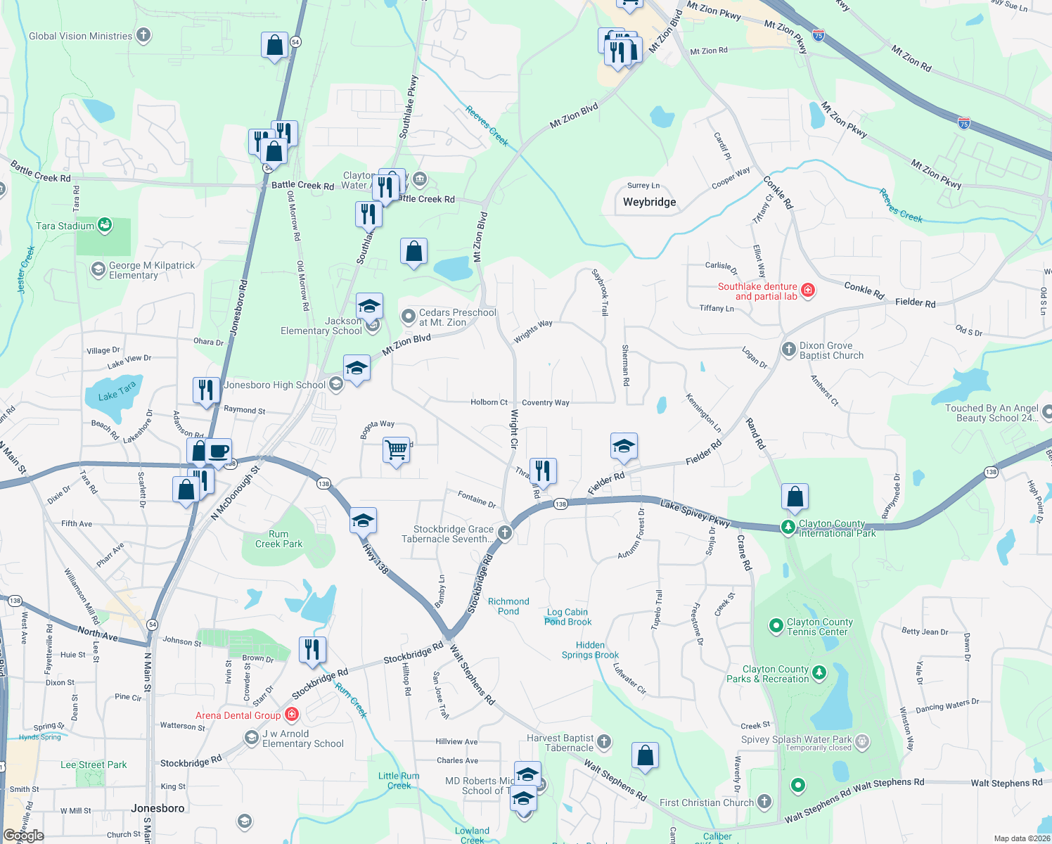 map of restaurants, bars, coffee shops, grocery stores, and more near 1818 Barrington Drive in Jonesboro