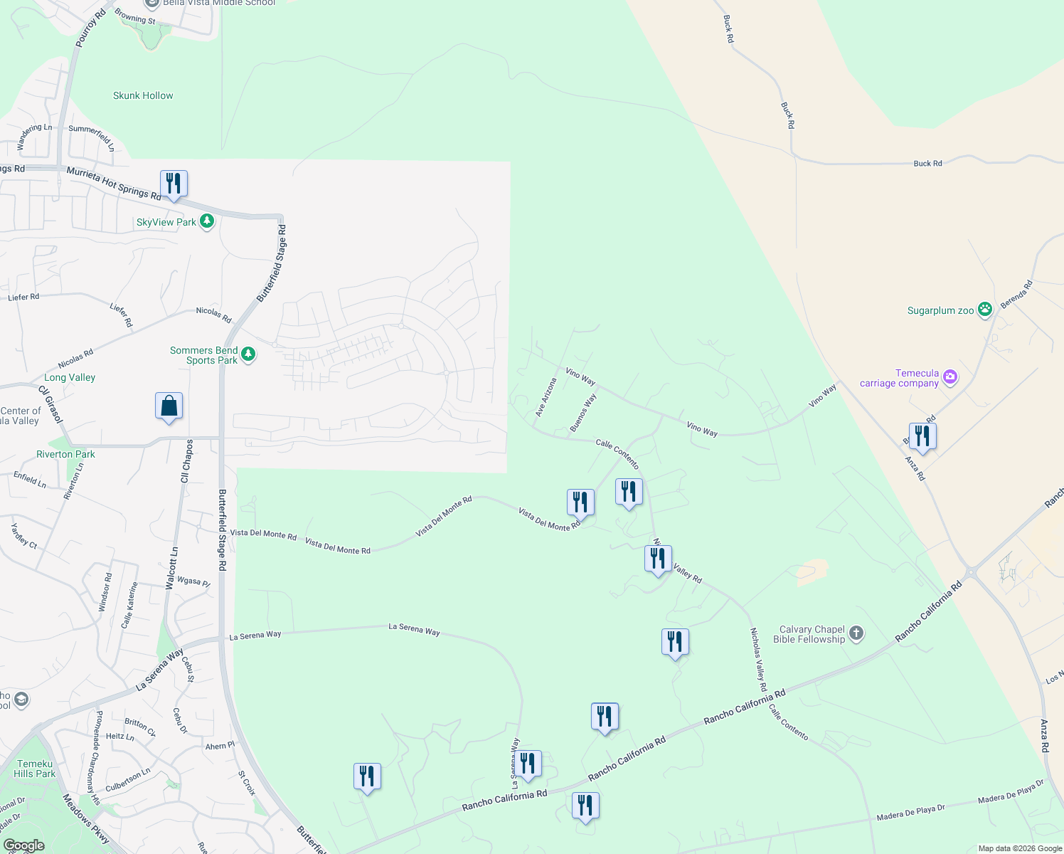 map of restaurants, bars, coffee shops, grocery stores, and more near 39399 Calle Contento in Temecula