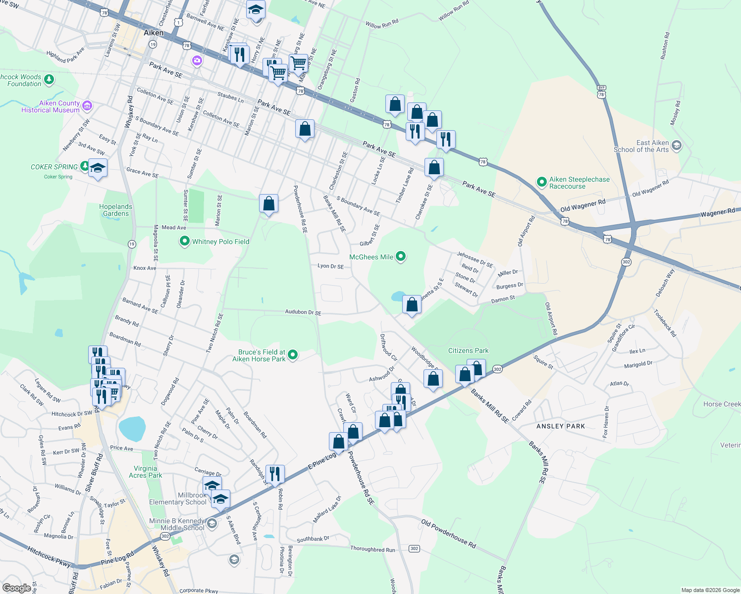 map of restaurants, bars, coffee shops, grocery stores, and more near 723 Banks Mill Road Southeast in Aiken