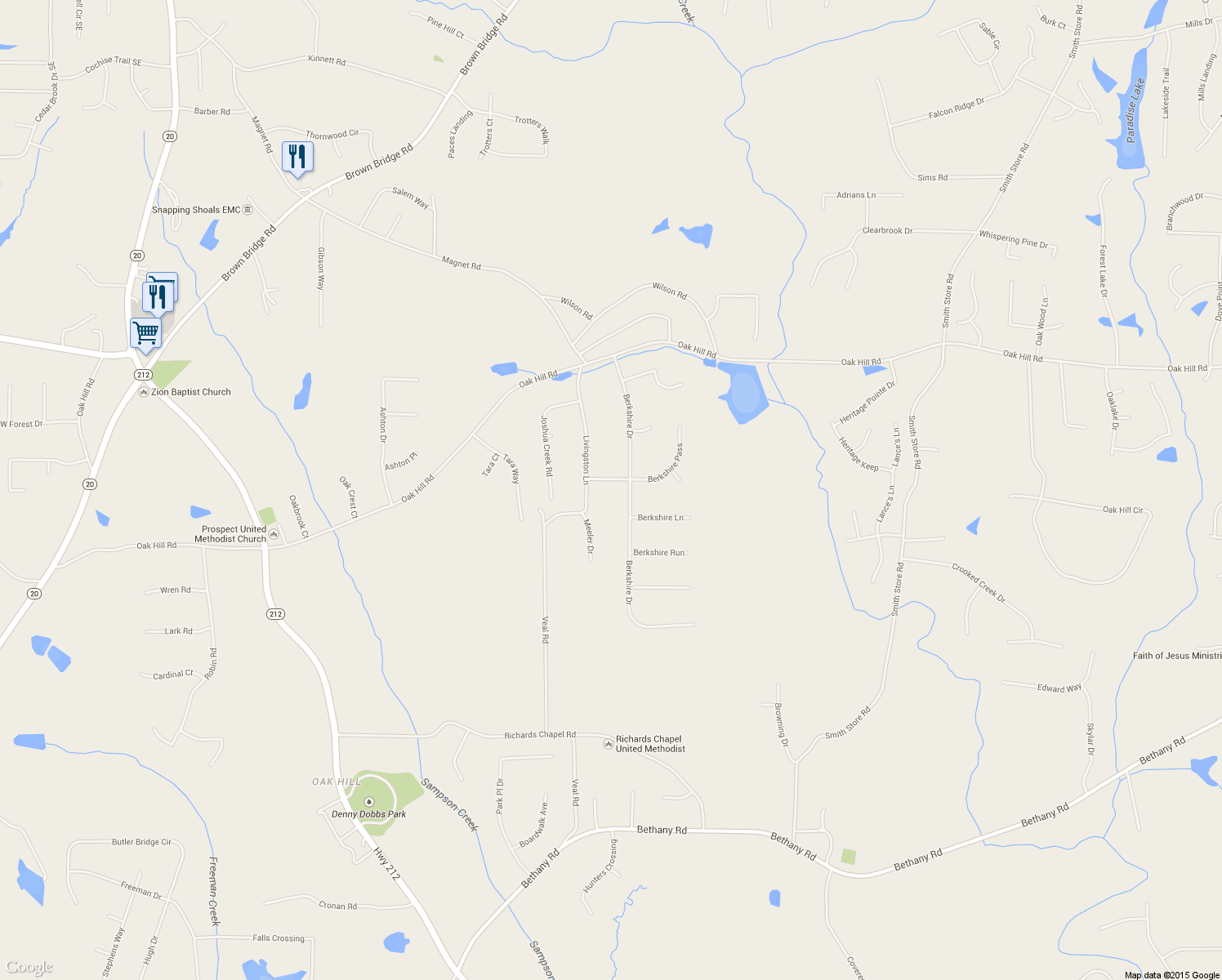 map of restaurants, bars, coffee shops, grocery stores, and more near 40 Berkshire Pass in Covington