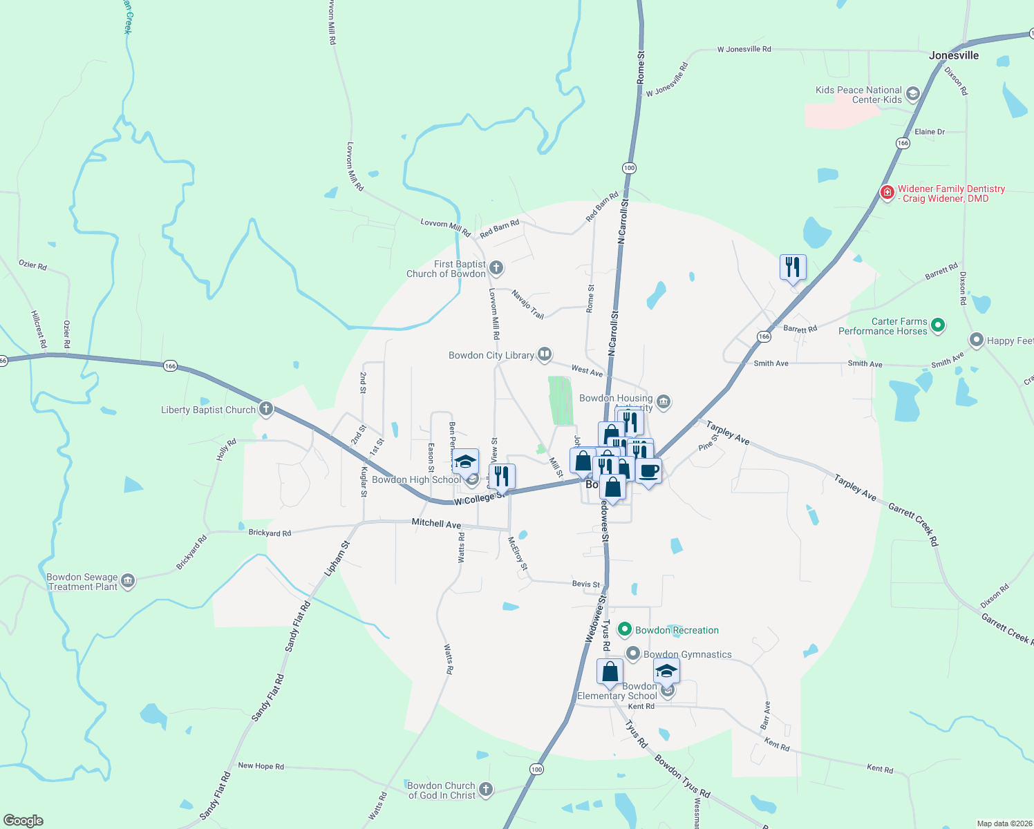 map of restaurants, bars, coffee shops, grocery stores, and more near 239 Mill St in Bowdon