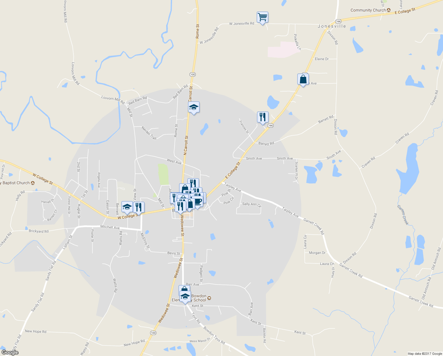 map of restaurants, bars, coffee shops, grocery stores, and more near 407 East College Street in Bowdon