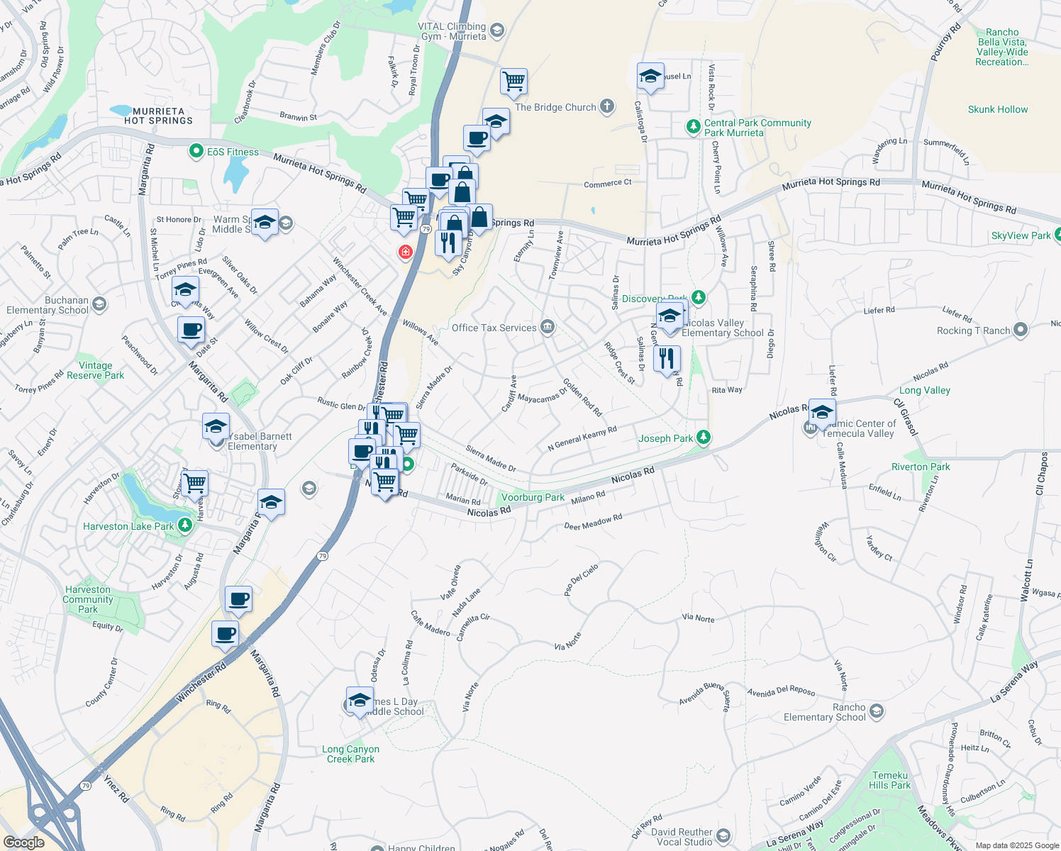 map of restaurants, bars, coffee shops, grocery stores, and more near 39646 Freemark Abbey in Murrieta
