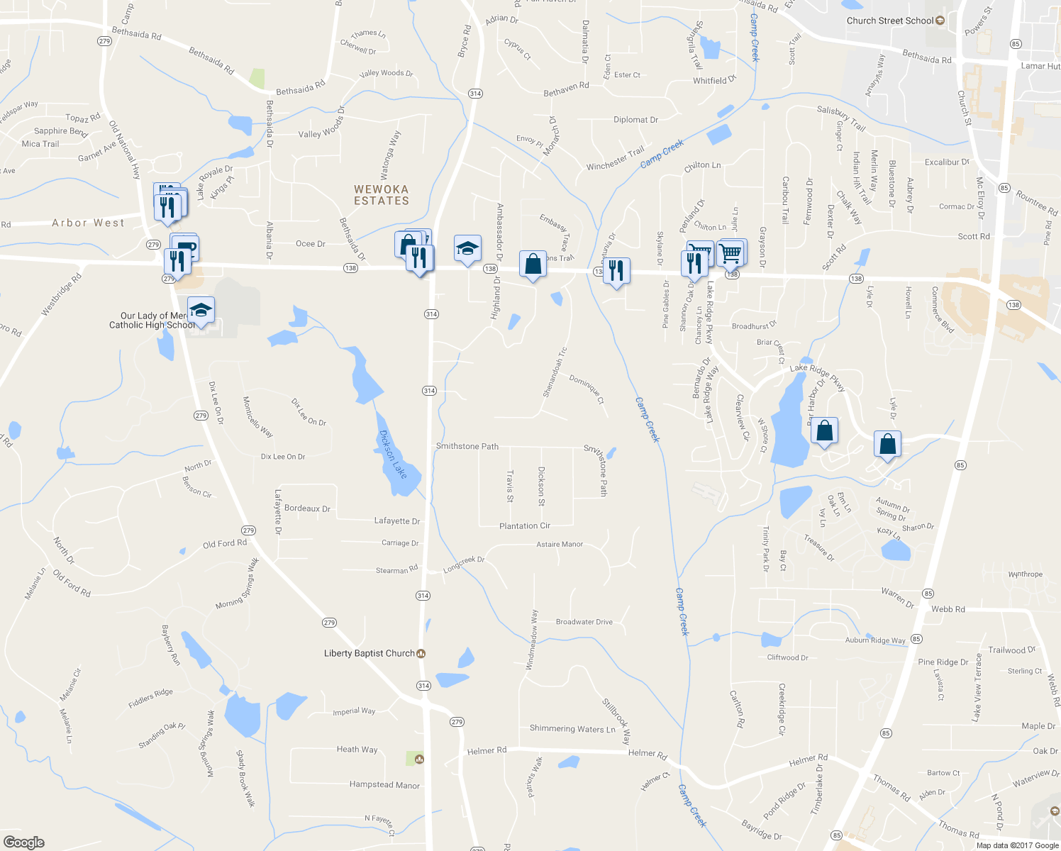 map of restaurants, bars, coffee shops, grocery stores, and more near 220 Shenandoah Trace in Fayetteville