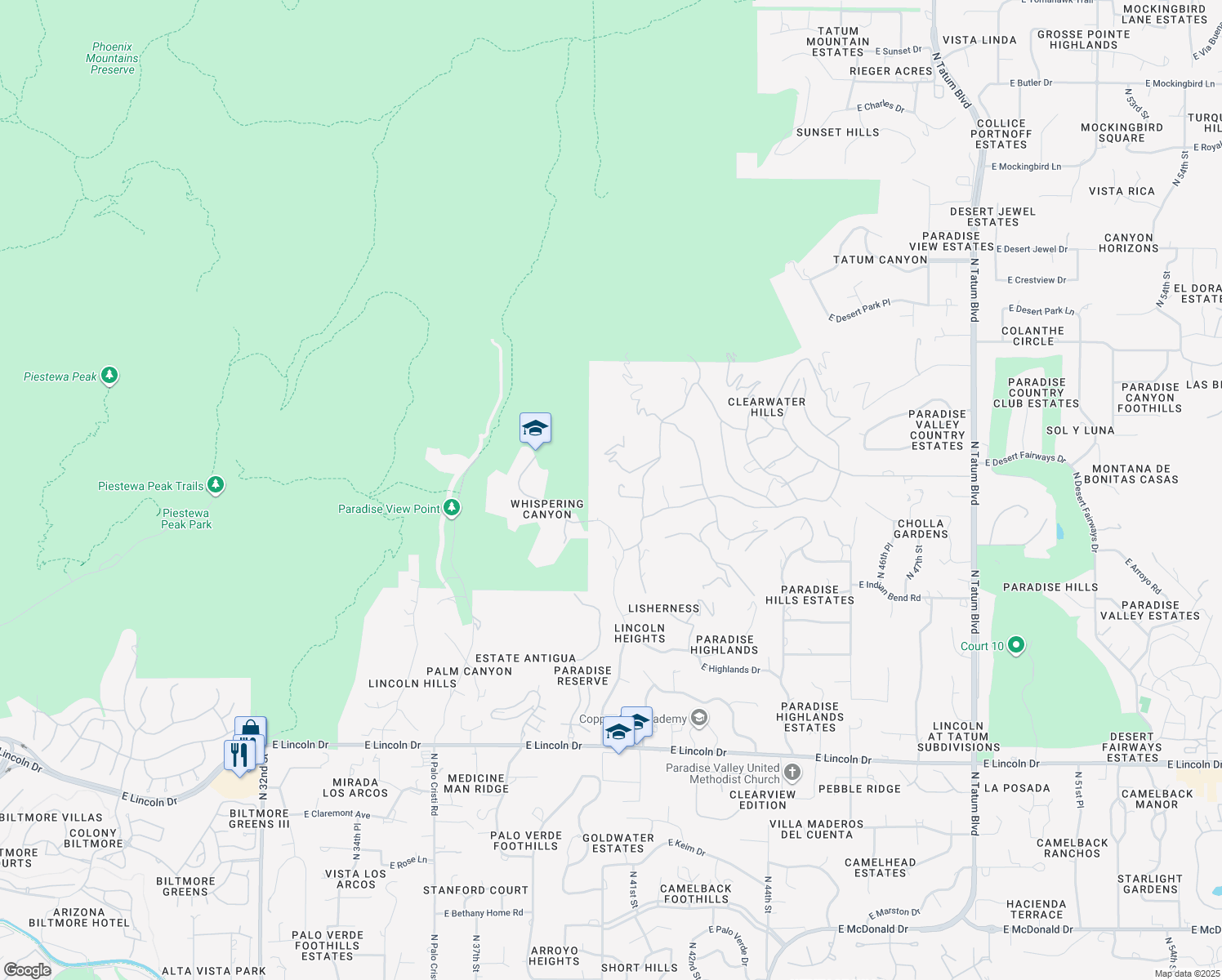map of restaurants, bars, coffee shops, grocery stores, and more near 4002 East Canyon Court in Paradise Valley