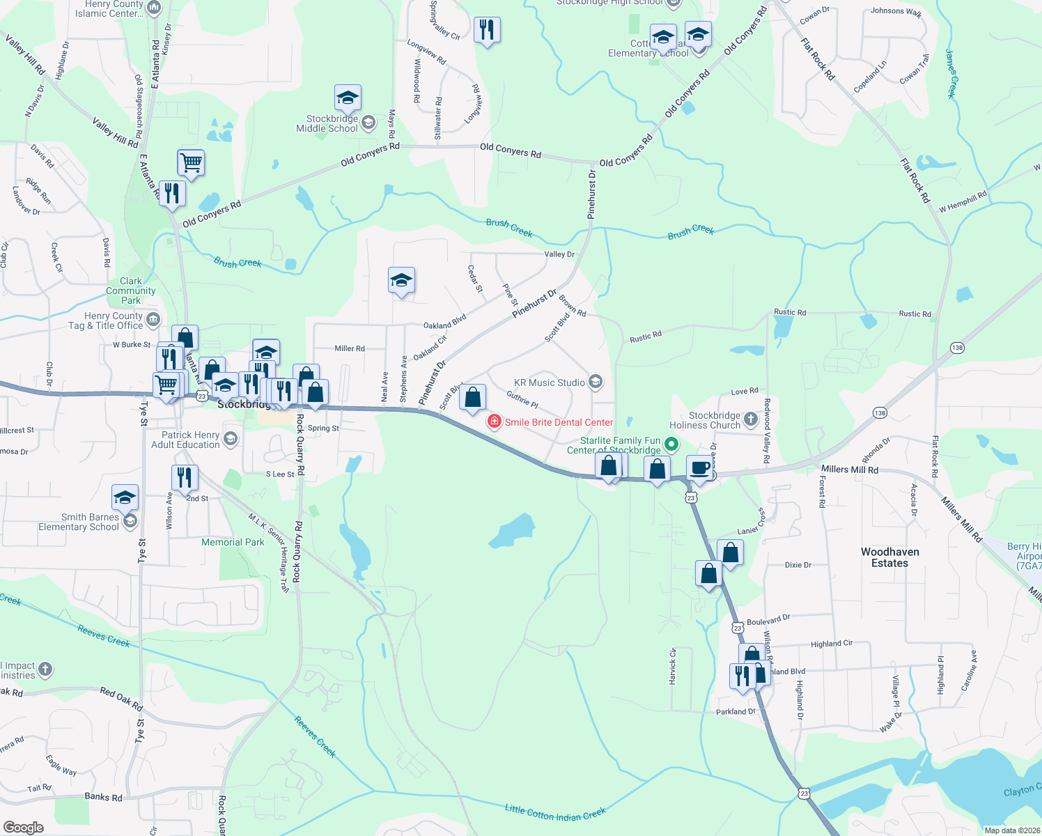 map of restaurants, bars, coffee shops, grocery stores, and more near 115 Charlotte Blvd in Stockbridge