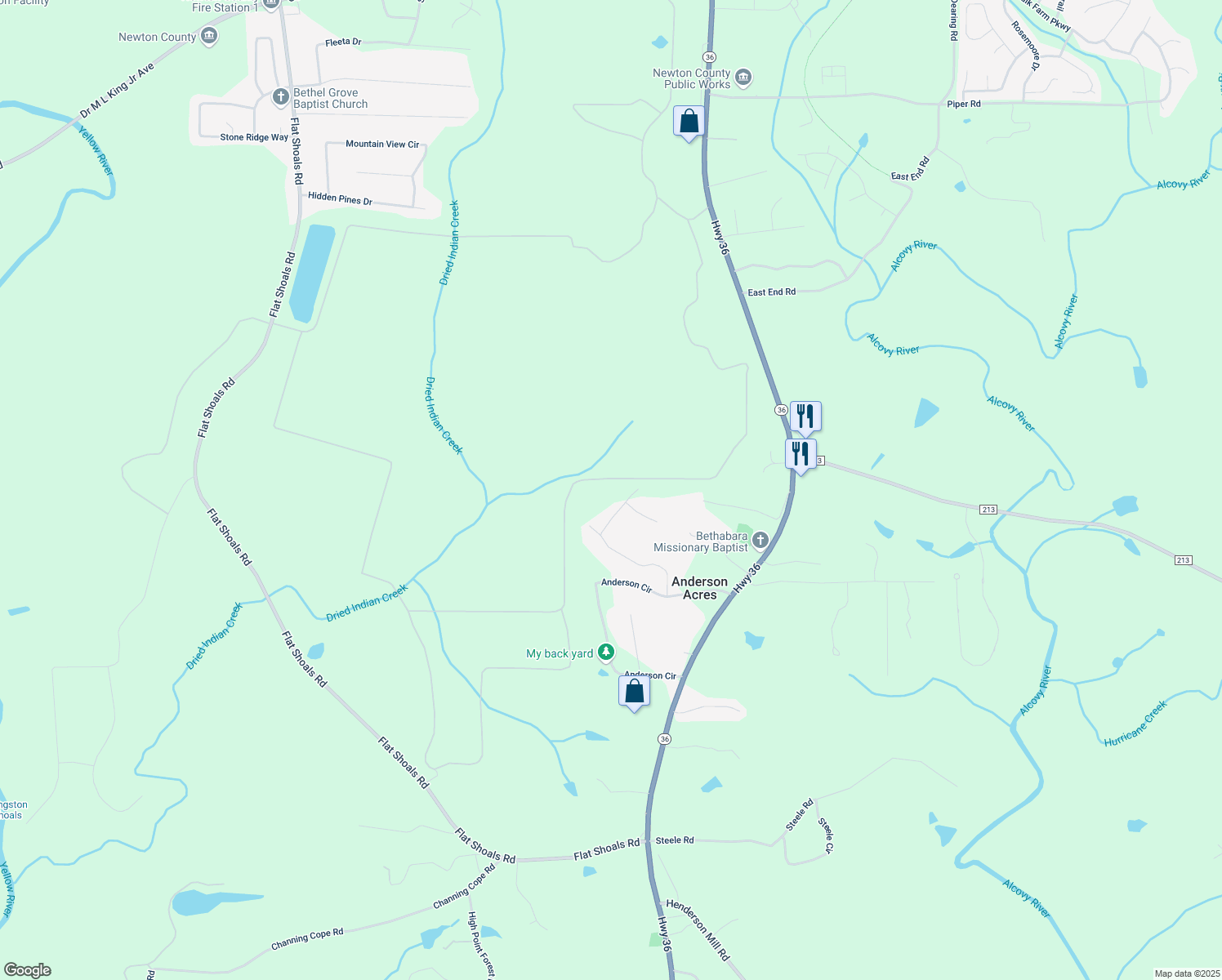 map of restaurants, bars, coffee shops, grocery stores, and more near 575 Anderson Creek Road in Covington