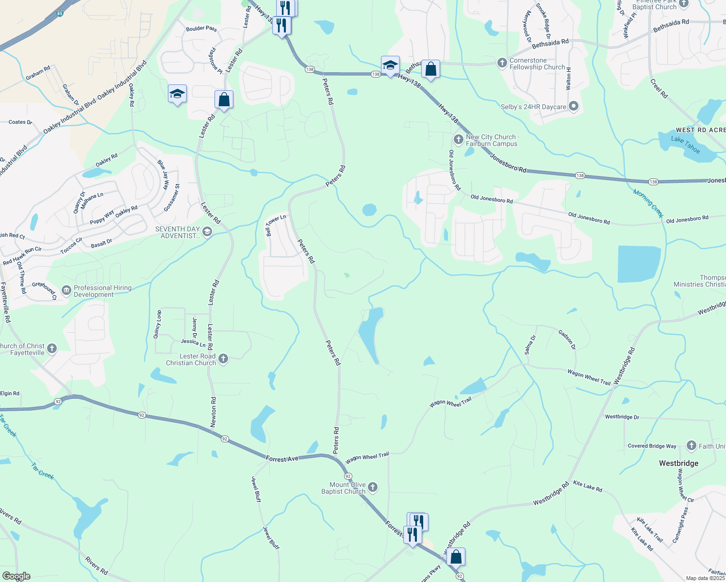 map of restaurants, bars, coffee shops, grocery stores, and more near 7831 Rock Rose Lane in Fairburn