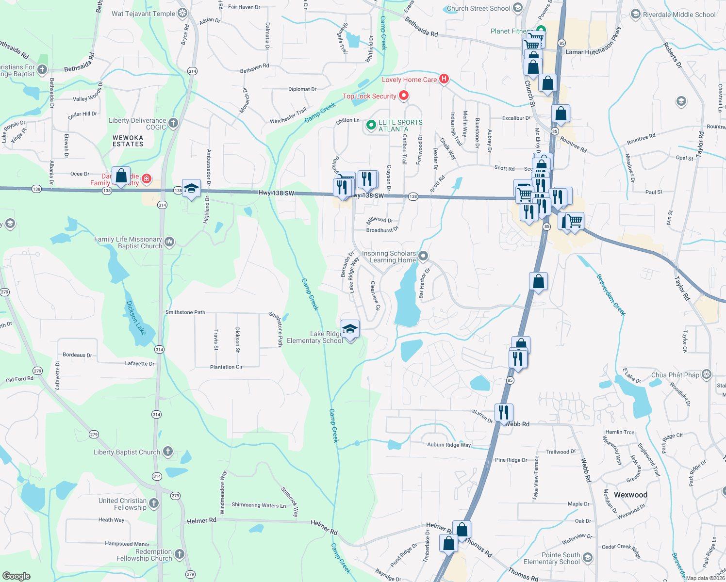 map of restaurants, bars, coffee shops, grocery stores, and more near 7940 Clearview Cir in Riverdale