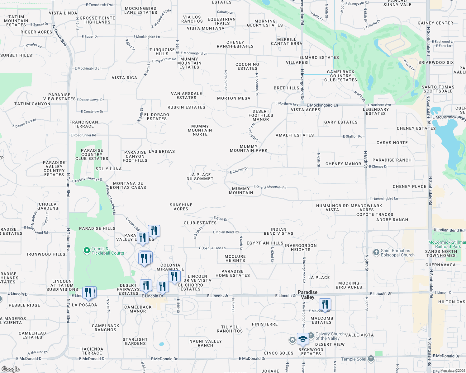 map of restaurants, bars, coffee shops, grocery stores, and more near 5949 East Quartz Mountain Road in Paradise Valley