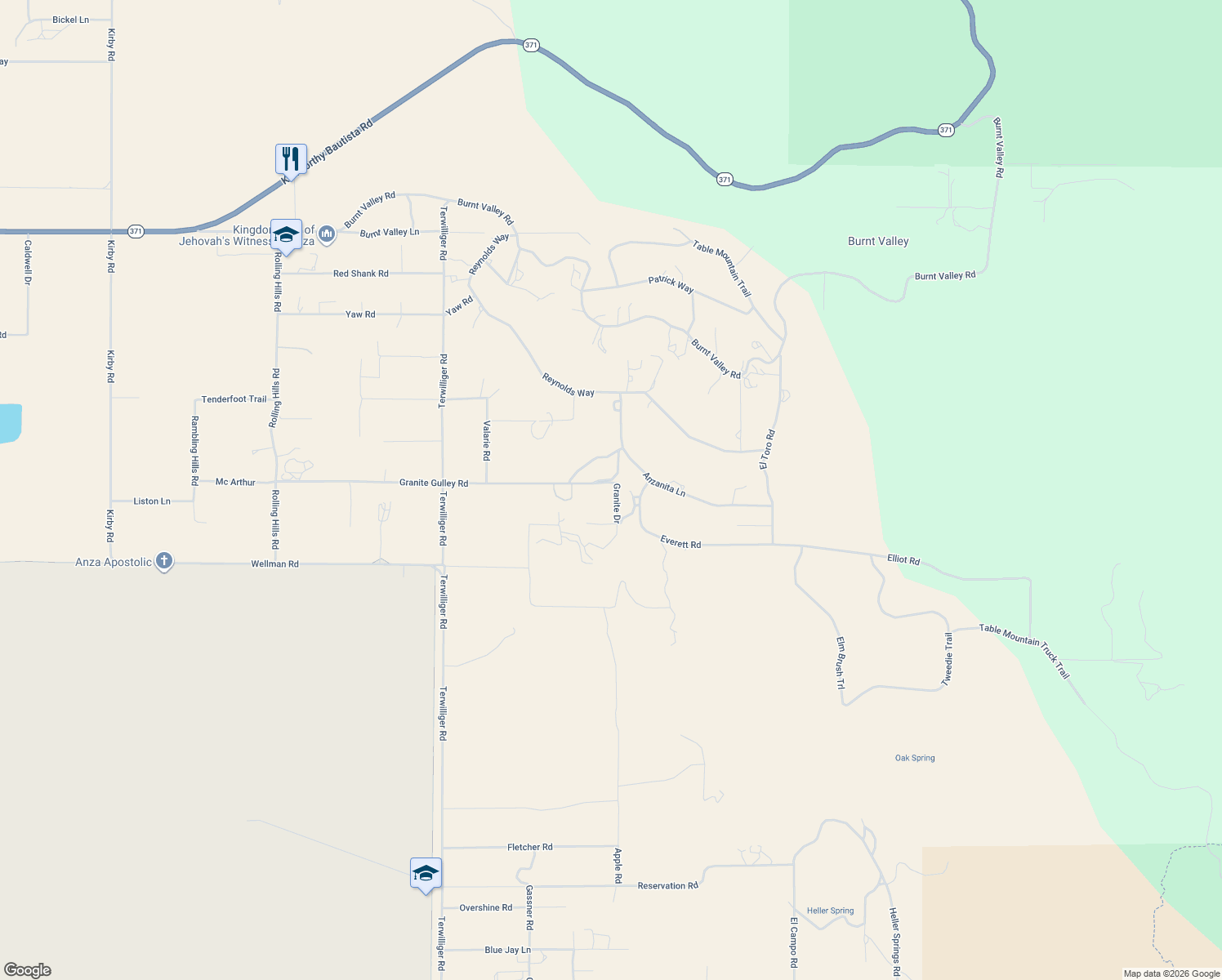 map of restaurants, bars, coffee shops, grocery stores, and more near 59995 Granite Gulley Road in Anza