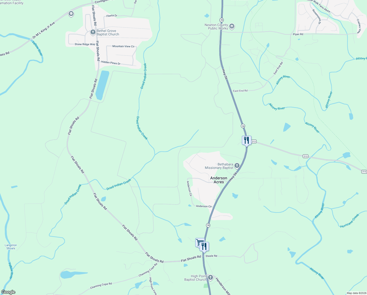 map of restaurants, bars, coffee shops, grocery stores, and more near Land App Service Road in Covington