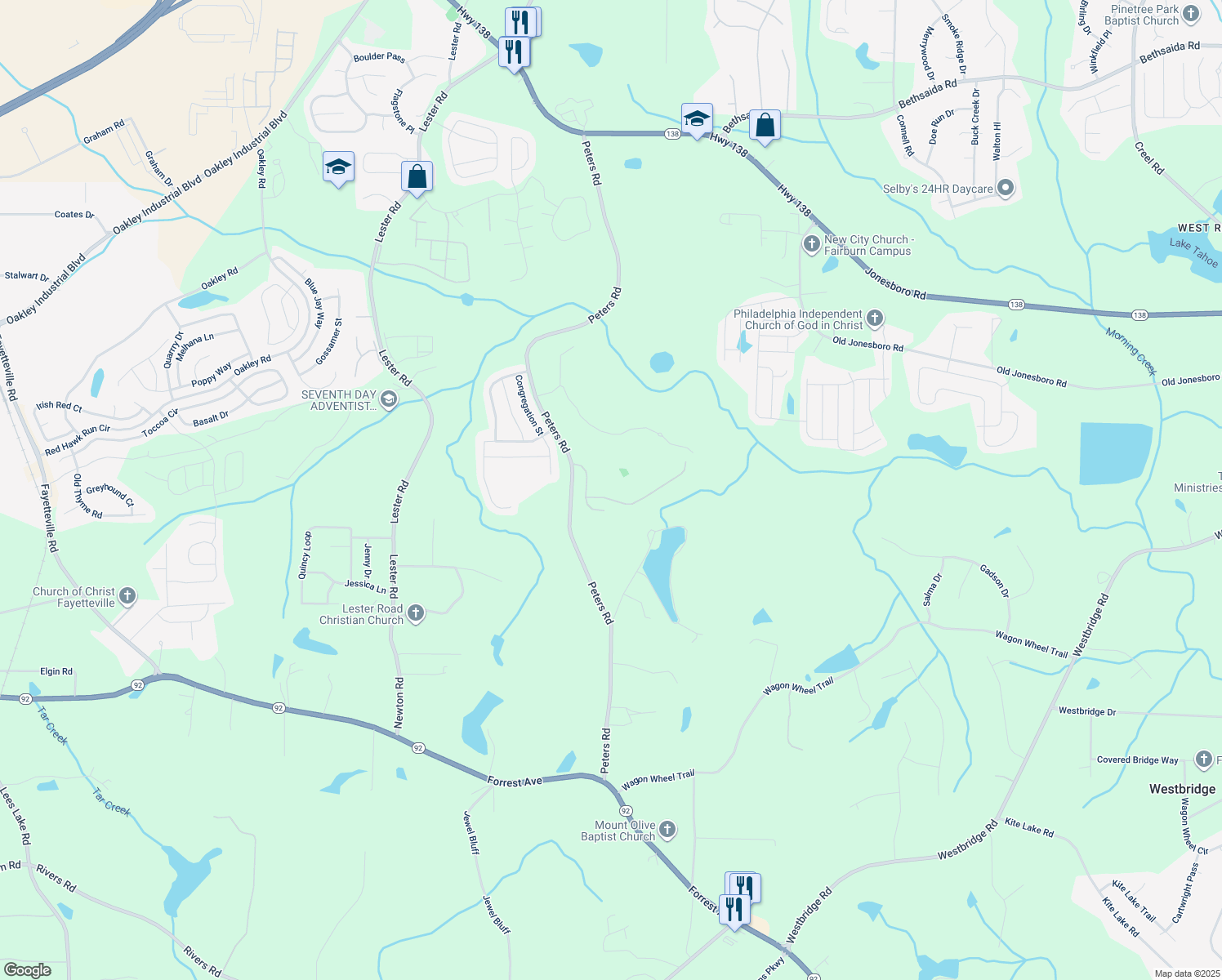map of restaurants, bars, coffee shops, grocery stores, and more near 7778 Rock Rose Lane in Fairburn