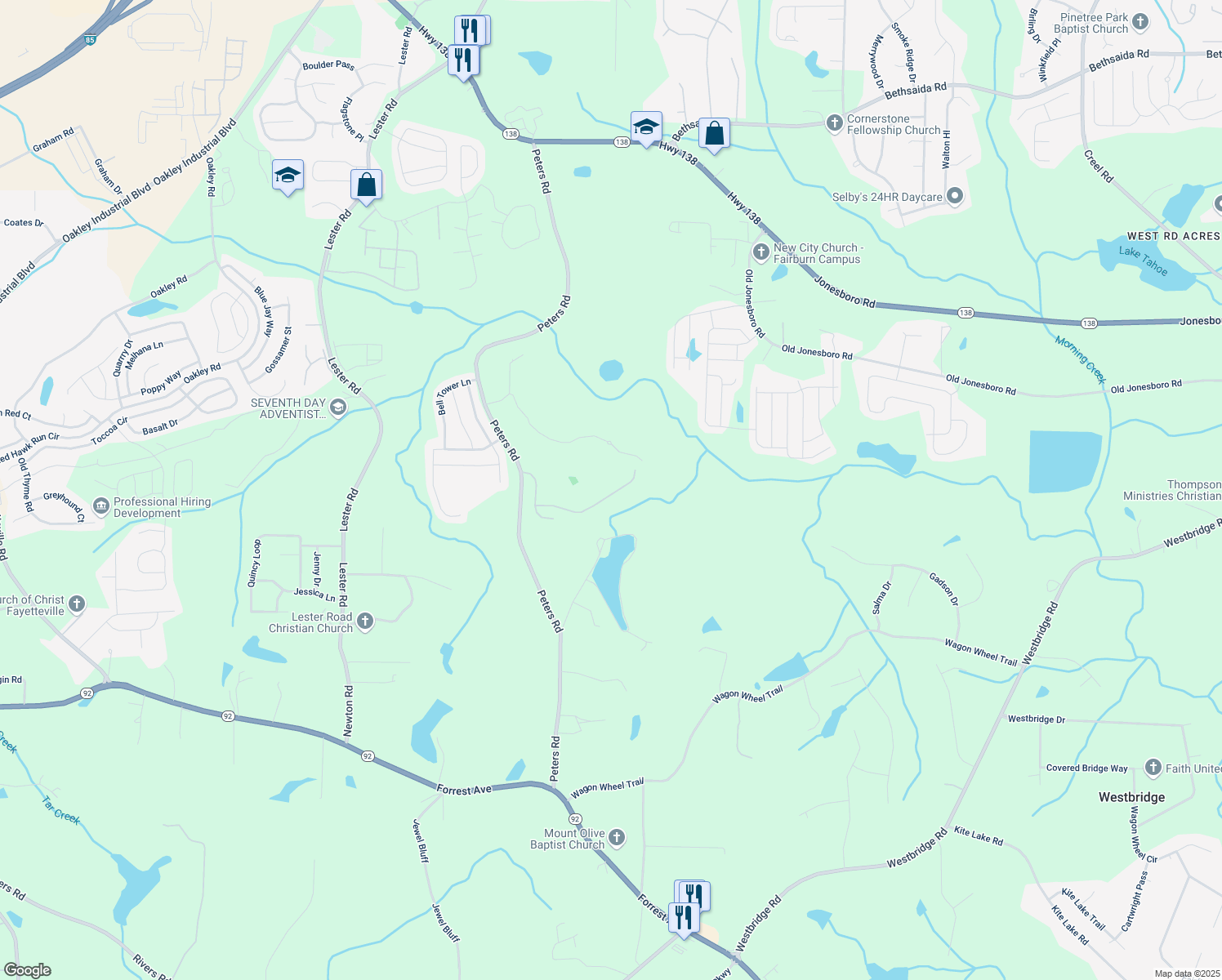 map of restaurants, bars, coffee shops, grocery stores, and more near 7848 Rock Rose Lane in Fairburn