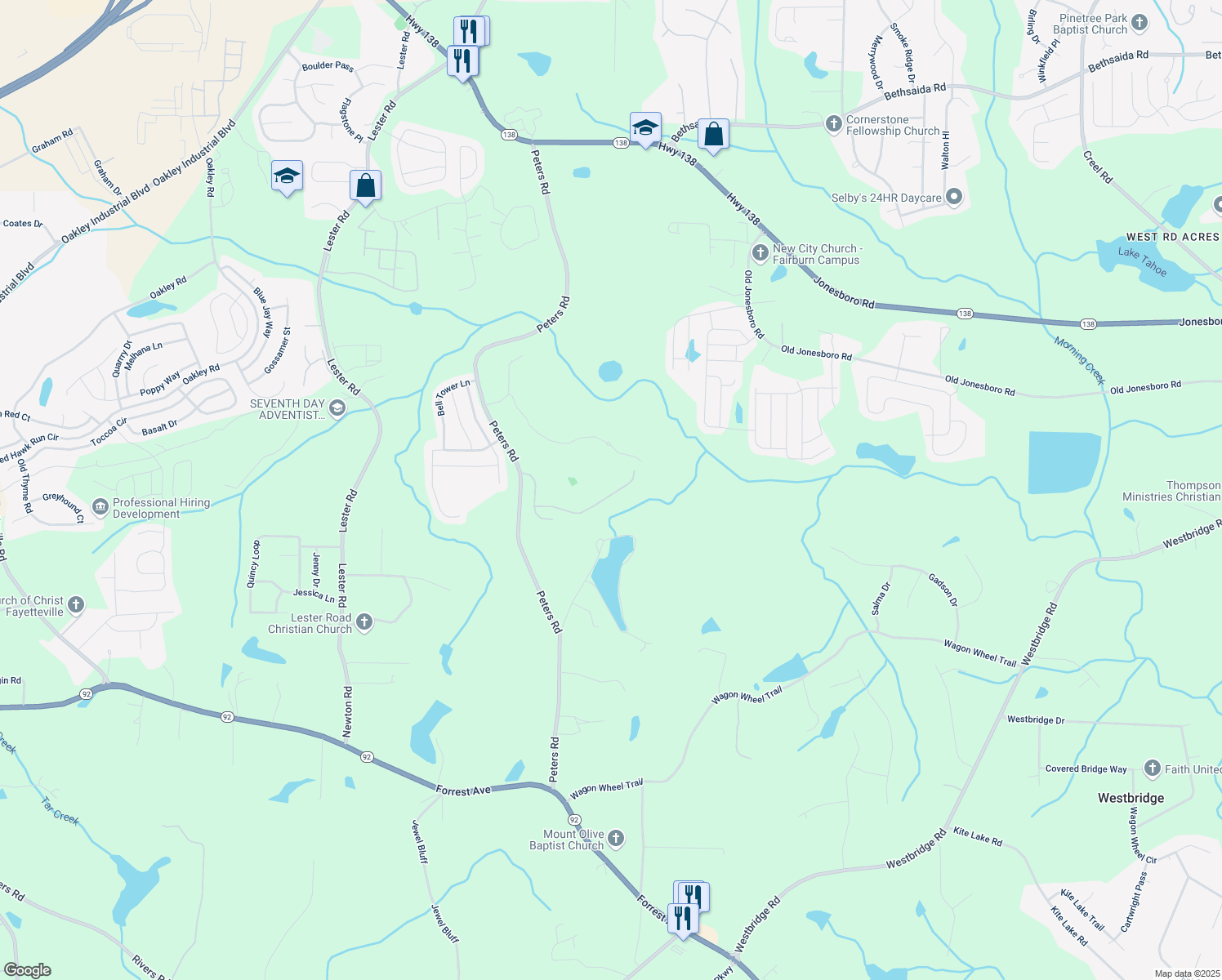 map of restaurants, bars, coffee shops, grocery stores, and more near 7848 Rock Rose Lane in Fairburn