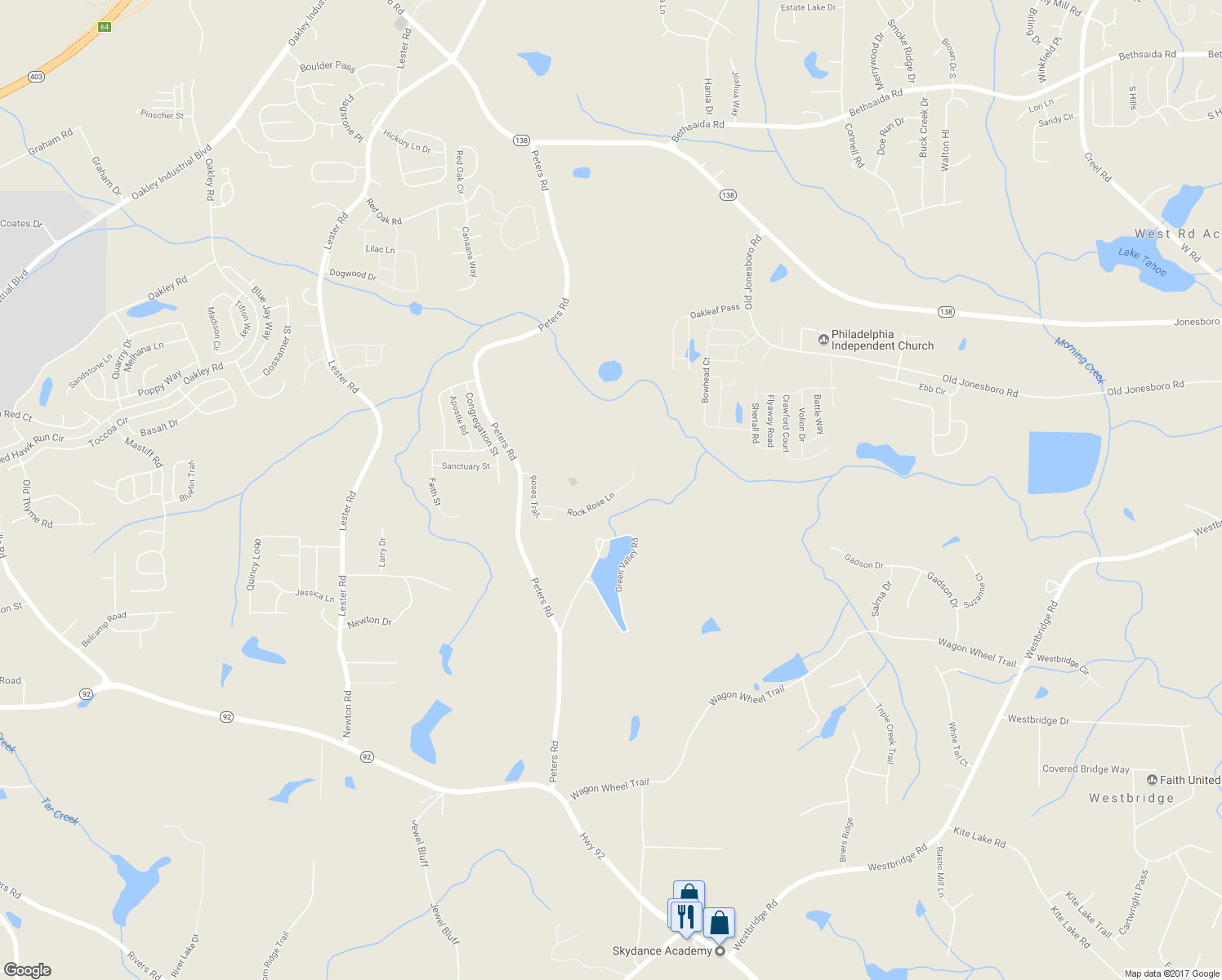 map of restaurants, bars, coffee shops, grocery stores, and more near 7850 Rock Rose Lane in Fairburn