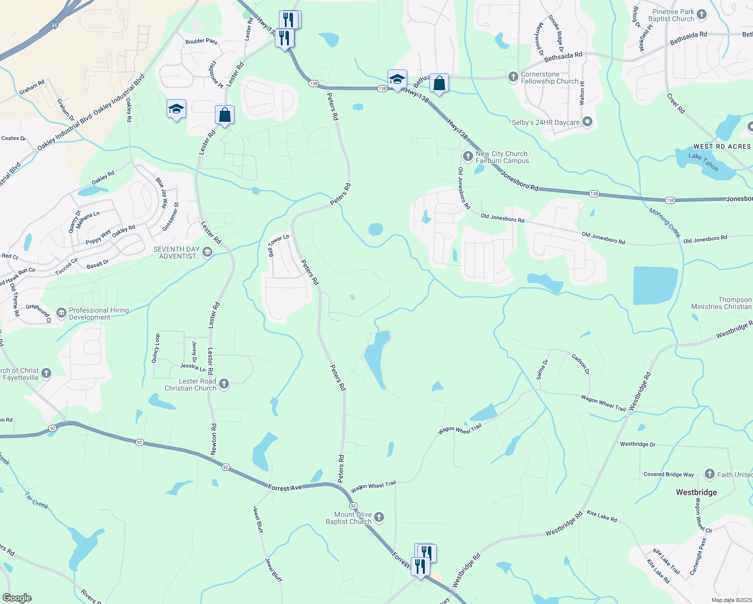 map of restaurants, bars, coffee shops, grocery stores, and more near 7850 Rock Rose Lane in Fairburn