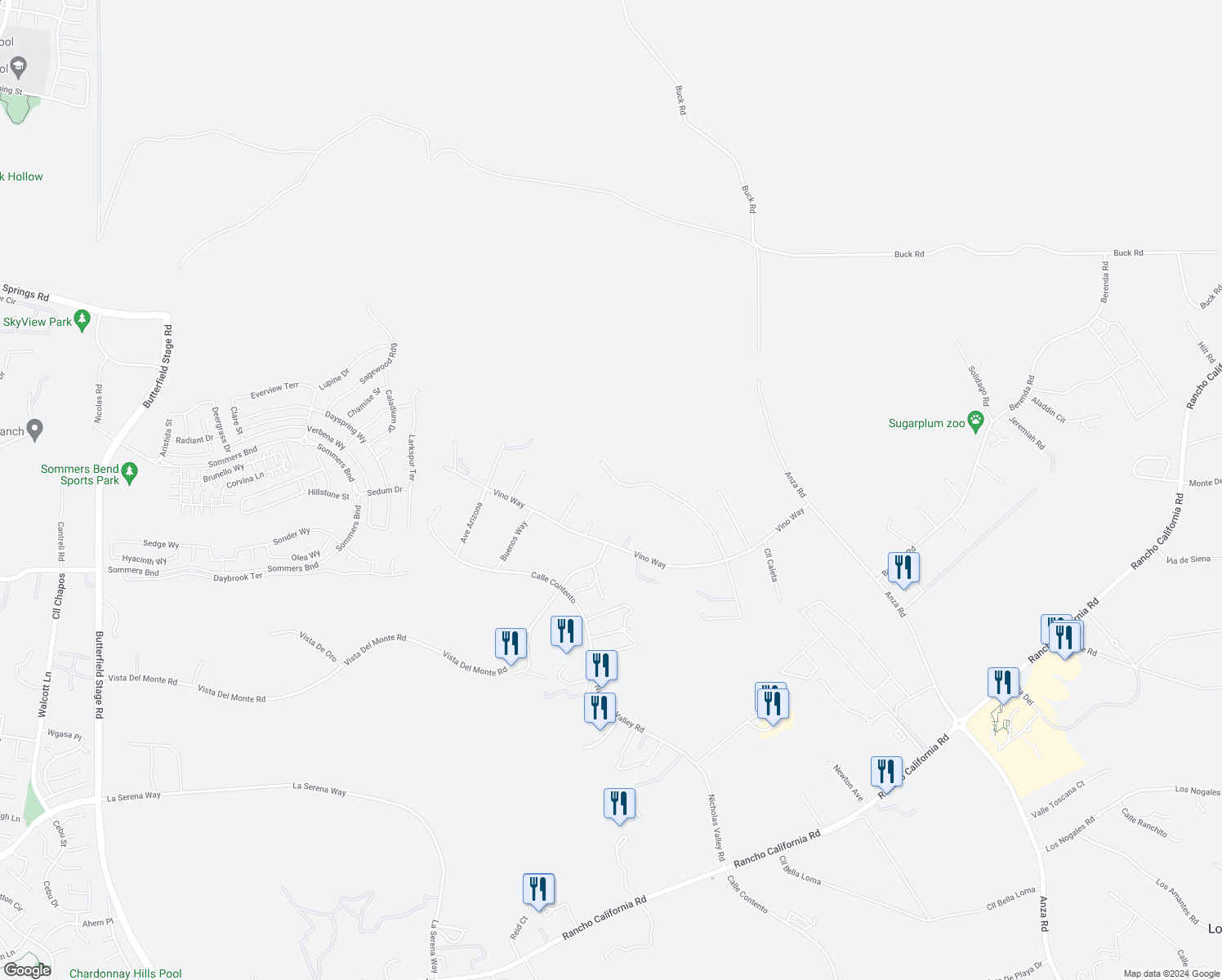 map of restaurants, bars, coffee shops, grocery stores, and more near 39547 Calle Cabernet in Temecula