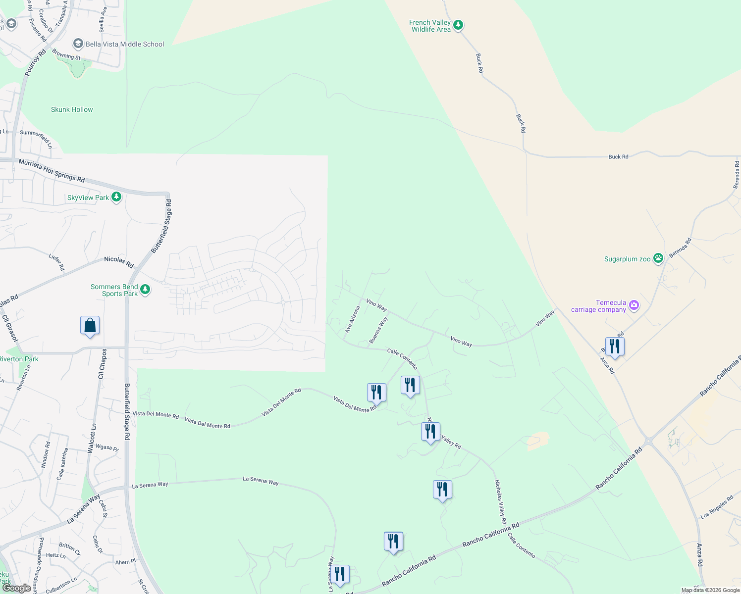 map of restaurants, bars, coffee shops, grocery stores, and more near 39700 Avenue Arizona in Temecula
