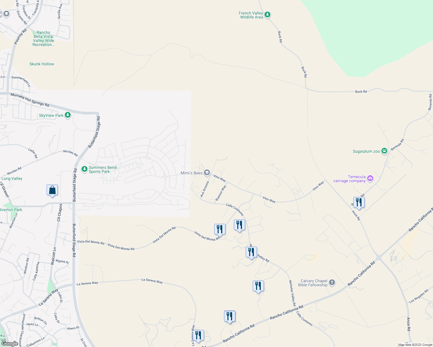 map of restaurants, bars, coffee shops, grocery stores, and more near 39700 Avenue Arizona in Temecula