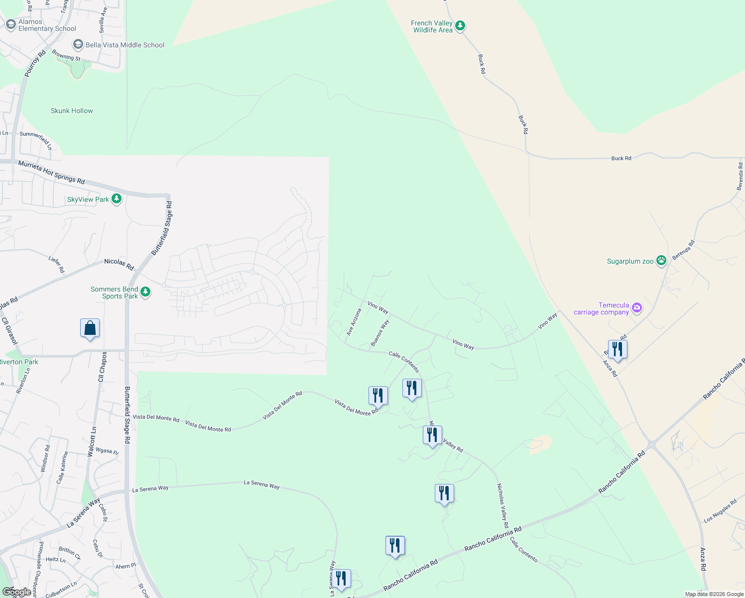 map of restaurants, bars, coffee shops, grocery stores, and more near 39700 Avenue Arizona in Temecula