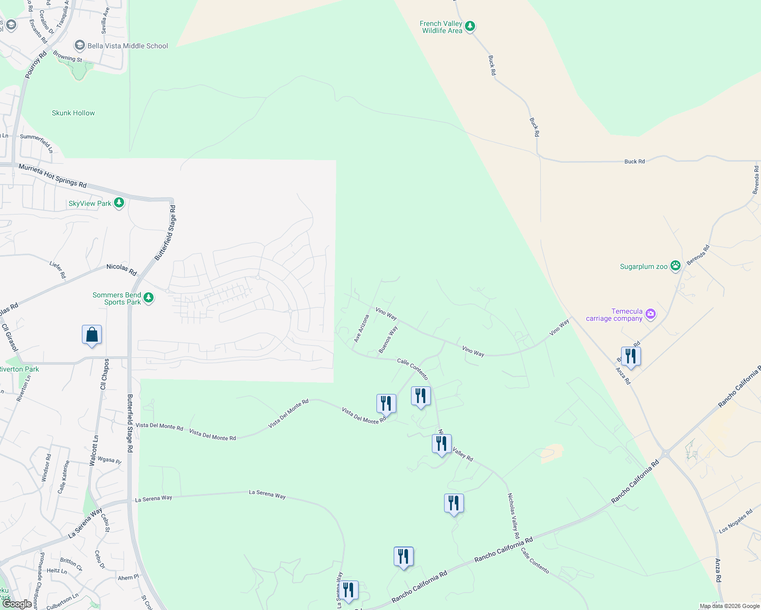 map of restaurants, bars, coffee shops, grocery stores, and more near 39700 Avenue Arizona in Temecula
