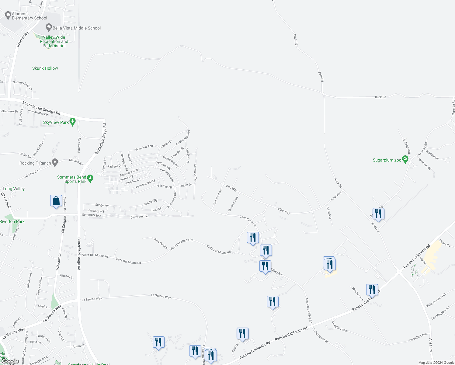 map of restaurants, bars, coffee shops, grocery stores, and more near 39700 Avenue Arizona in Temecula
